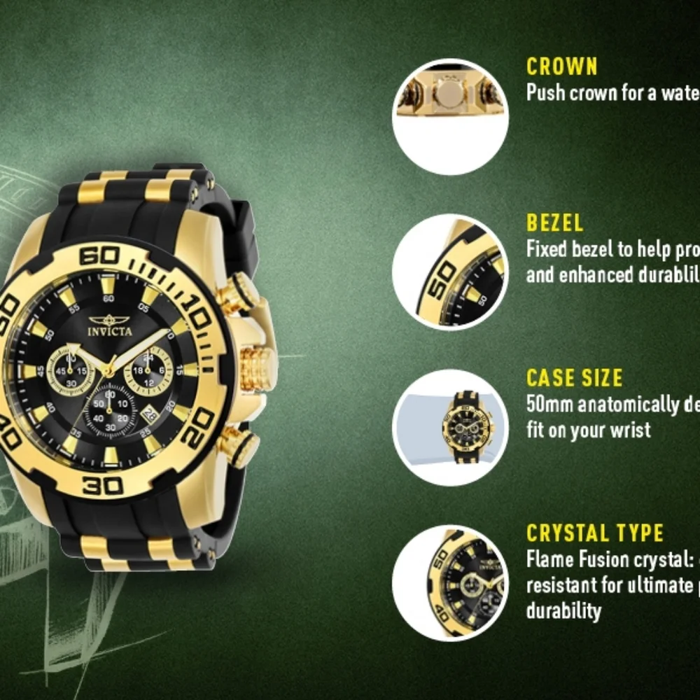 NEW NIB Invicta Pro Diver‎ Mens Model 22340 Men's Watch Quartz 18k Gold 300 Feet